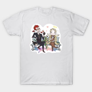 Crowley and Aziraphale sitting on a bench T-Shirt